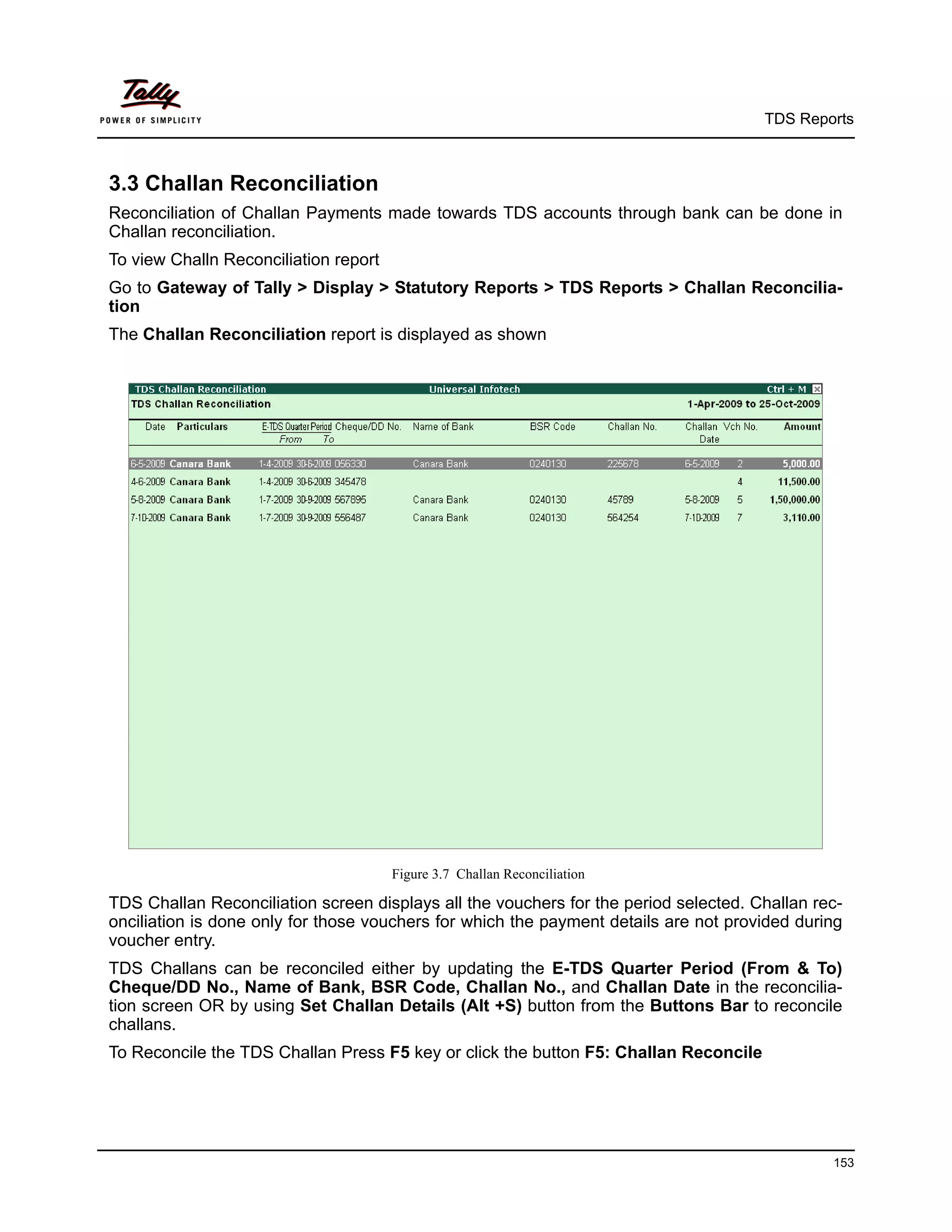 TDS Reports



3.3 Challan Reconciliation
Reconciliation of Challan Payments made towards TDS accounts through bank can be done in
Challan reconciliation.
To view Challn Reconciliation report
Go to Gateway of Tally > Display > Statutory Reports > TDS Reports > Challan Reconcilia-
tion
The Challan Reconciliation report is displayed as shown




                                       Figure 3.7 Challan Reconciliation

TDS Challan Reconciliation screen displays all the vouchers for the period selected. Challan rec-
onciliation is done only for those vouchers for which the payment details are not provided during
voucher entry.
TDS Challans can be reconciled either by updating the E-TDS Quarter Period (From & To)
Cheque/DD No., Name of Bank, BSR Code, Challan No., and Challan Date in the reconcilia-
tion screen OR by using Set Challan Details (Alt +S) button from the Buttons Bar to reconcile
challans.
To Reconcile the TDS Challan Press F5 key or click the button F5: Challan Reconcile




                                                                                               153
 