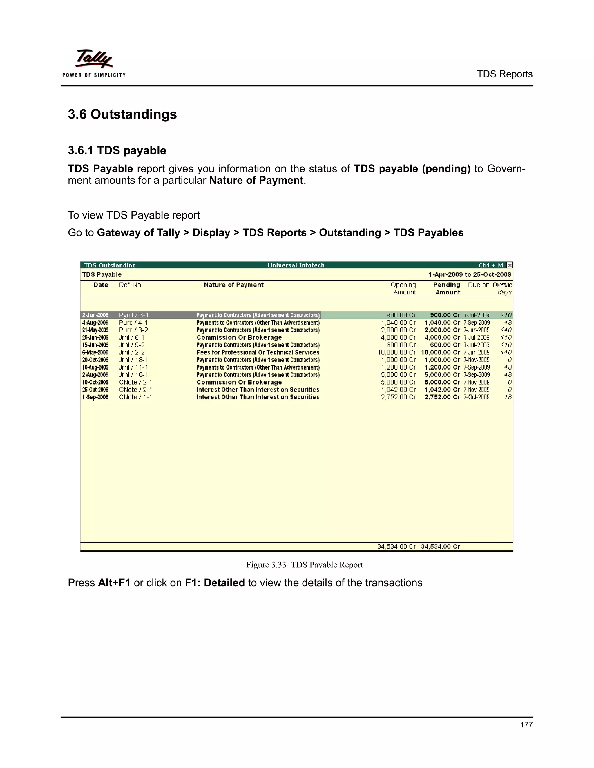 TDS Reports



3.6 Outstandings

3.6.1 TDS payable
TDS Payable report gives you information on the status of TDS payable (pending) to Govern-
ment amounts for a particular Nature of Payment.


To view TDS Payable report
Go to Gateway of Tally > Display > TDS Reports > Outstanding > TDS Payables




                                      Figure 3.33 TDS Payable Report

Press Alt+F1 or click on F1: Detailed to view the details of the transactions




                                                                                        177
 