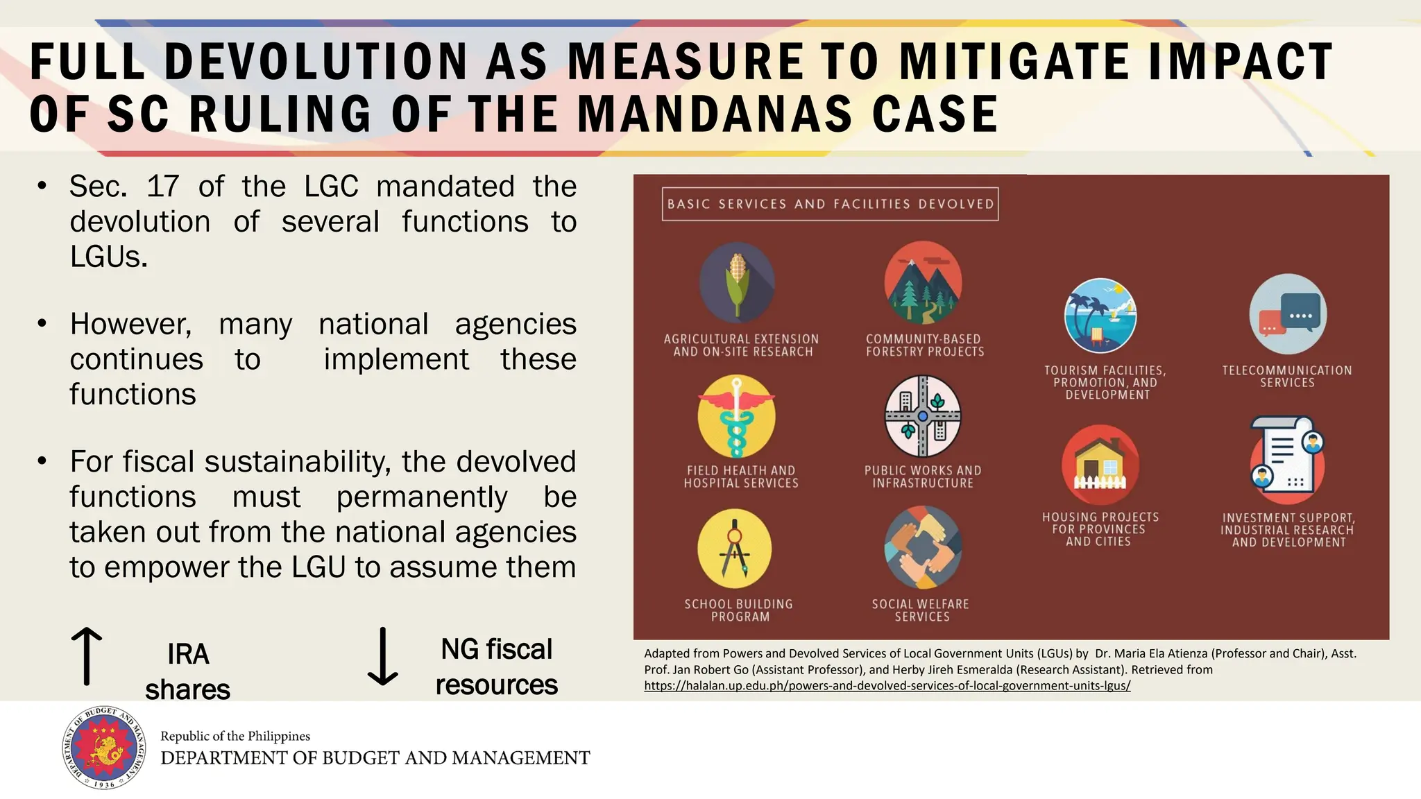 14
FULL DEVOLUTION AS MEASURE TO MITIGATE IMPACT
OF SC RULING OF THE MANDANAS CASE
• Sec. 17 of the LGC mandated the
devolution of several functions to
LGUs.
• However, many national agencies
continues to implement these
functions
• For fiscal sustainability, the devolved
functions must permanently be
taken out from the national agencies
to empower the LGU to assume them
Adapted from Powers and Devolved Services of Local Government Units (LGUs) by Dr. Maria Ela Atienza (Professor and Chair), Asst.
Prof. Jan Robert Go (Assistant Professor), and Herby Jireh Esmeralda (Research Assistant). Retrieved from
https://halalan.up.edu.ph/powers-and-devolved-services-of-local-government-units-lgus/
IRA
shares
NG fiscal
resources
 