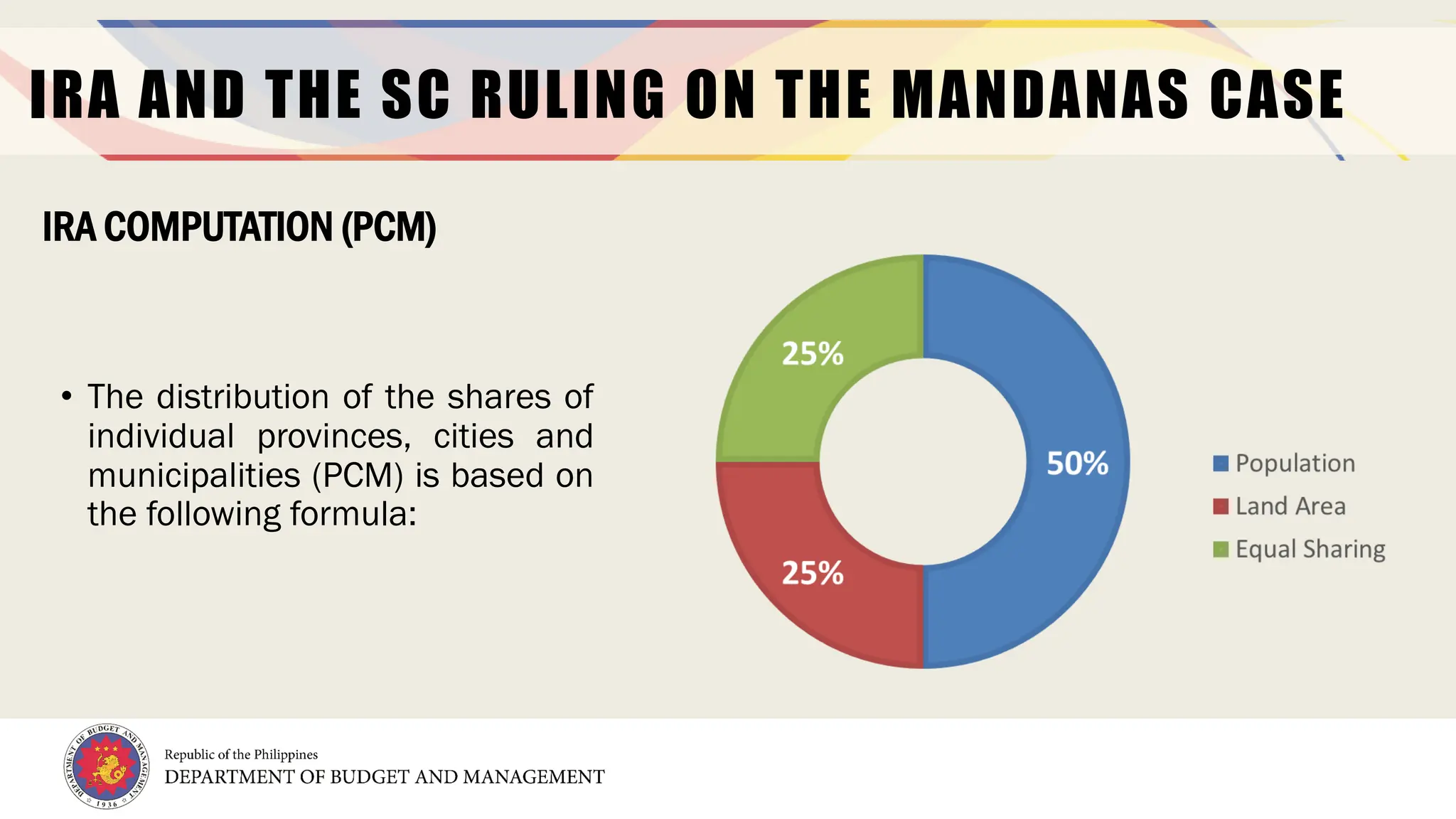 6
IRA AND THE SC RULING ON THE MANDANAS CASE
• The distribution of the shares of
individual provinces, cities and
municipalities (PCM) is based on
the following formula:
IRA COMPUTATION (PCM)
 