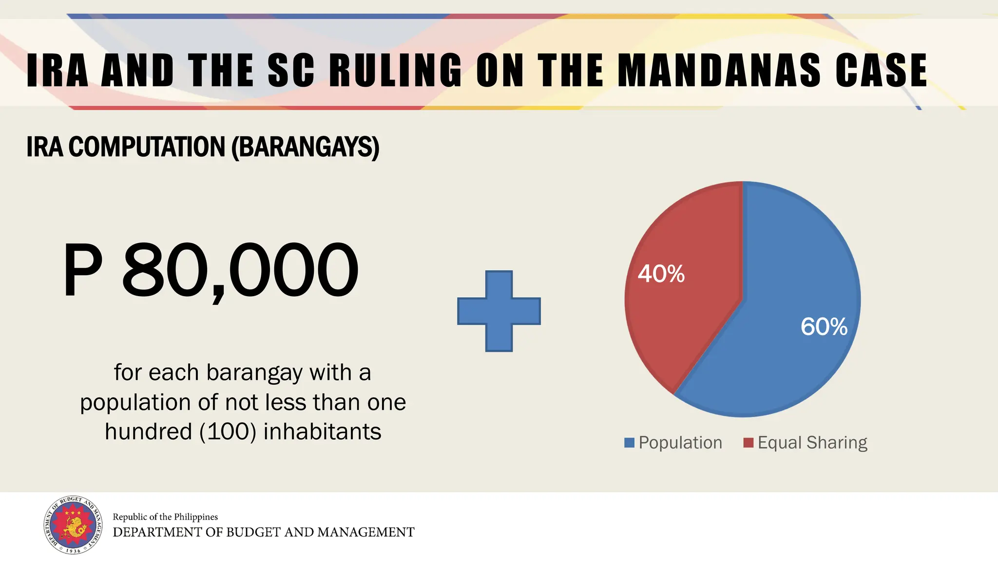 7
IRA AND THE SC RULING ON THE MANDANAS CASE
IRA COMPUTATION (BARANGAYS)
P 80,000
for each barangay with a
population of not less than one
hundred (100) inhabitants
60%
40%
Population Equal Sharing
 