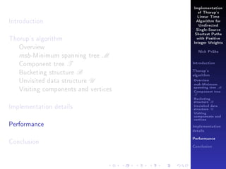 Implementation
of Thorup's

Introduction

Linear Time
Algorithm for
Undirected
Single-Source

Thorup's algorithm
Overview
msb-Minimum spanning tree M
Component tree T
Bucketing structure B
Unvisited data structure U
Visiting components and vertices
Implementation details
Performance

Shortest Paths
with Positive
Integer Weights
Nick Prühs

Introduction
Thorup's
algorithm

Overview

msb-Minimum

spanning tree M
Component tree

T

Bucketing
structure B
Unvisited data
structure U
Visiting
components and
vertices
Implementation
details

Conclusion

Performance
Conclusion

 