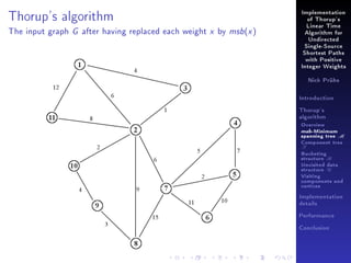 Implementation

Thorup's algorithm
The input graph

G

after having replaced each weight

of Thorup's

x

by

msb (x )

Linear Time
Algorithm for
Undirected
Single-Source
Shortest Paths
with Positive
Integer Weights
Nick Prühs

Introduction
Thorup's
algorithm

Overview

msb-Minimum

spanning tree M
Component tree

T

Bucketing
structure B
Unvisited data
structure U
Visiting
components and
vertices
Implementation
details
Performance
Conclusion

 