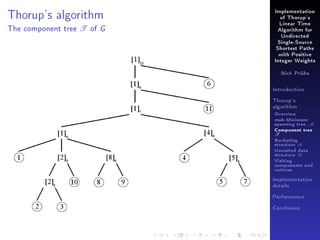 Thorup's algorithm
The component tree

T

of

G

Implementation
of Thorup's
Linear Time
Algorithm for
Undirected
Single-Source
Shortest Paths
with Positive
Integer Weights
Nick Prühs

Introduction
Thorup's
algorithm

Overview

msb-Minimum

spanning tree M
Component tree

T

Bucketing
structure B
Unvisited data
structure U
Visiting
components and
vertices
Implementation
details
Performance
Conclusion

 