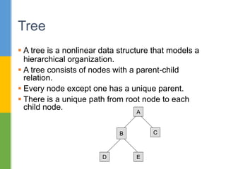  A tree is a nonlinear data structure that models a
hierarchical organization.
 A tree consists of nodes with a parent-child
relation.
 Every node except one has a unique parent.
 There is a unique path from root node to each
child node.
Tree
A
B
D E
C
 