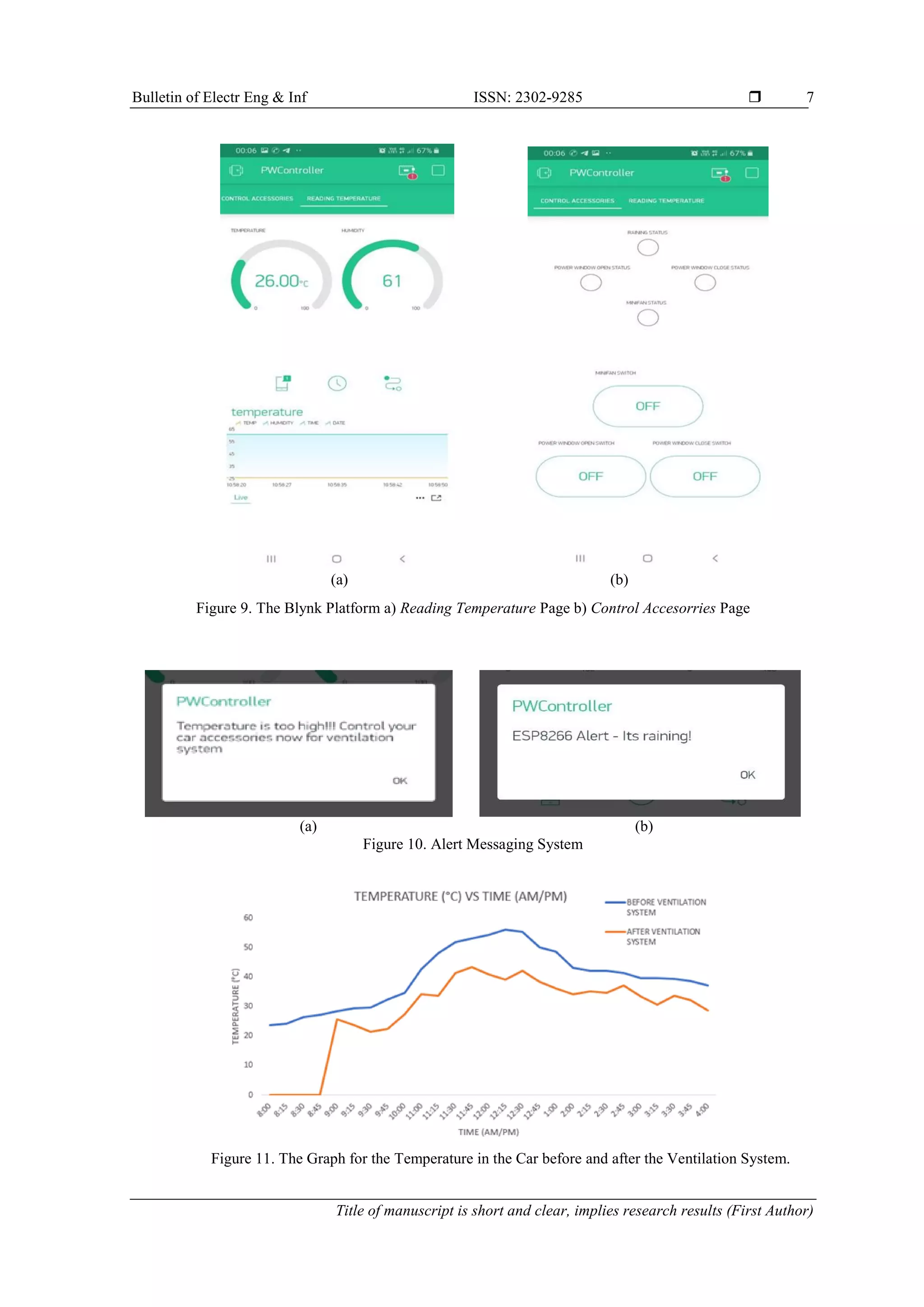 Bulletin of Electr Eng & Inf ISSN: 2302-9285  Title of manuscript is short and clear, implies research results (First Author) 7 (a) (b) Figure 9. The Blynk Platform a) Reading Temperature Page b) Control Accesorries Page (a) (b) Figure 10. Alert Messaging System Figure 11. The Graph for the Temperature in the Car before and after the Ventilation System. 