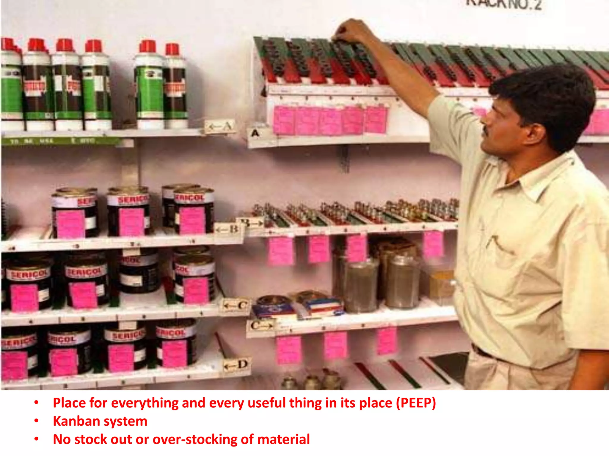 • Place for everything and every useful thing in its place (PEEP)
• Kanban system
• No stock out or over-stocking of material
 
