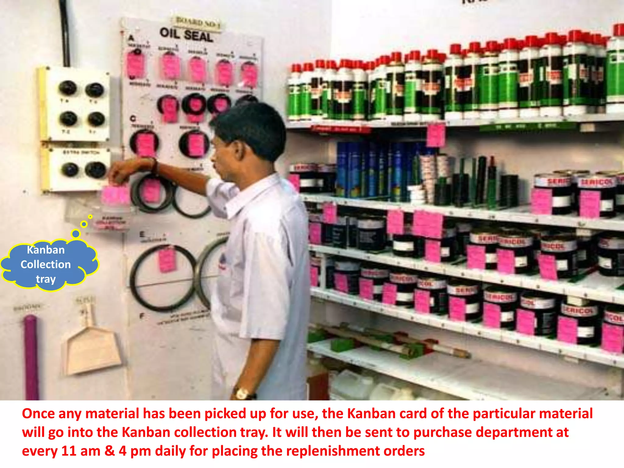 Kanban
Collection
   tray




Once any material has been picked up for use, the Kanban card of the particular material
will go into the Kanban collection tray. It will then be sent to purchase department at
every 11 am & 4 pm daily for placing the replenishment orders
 