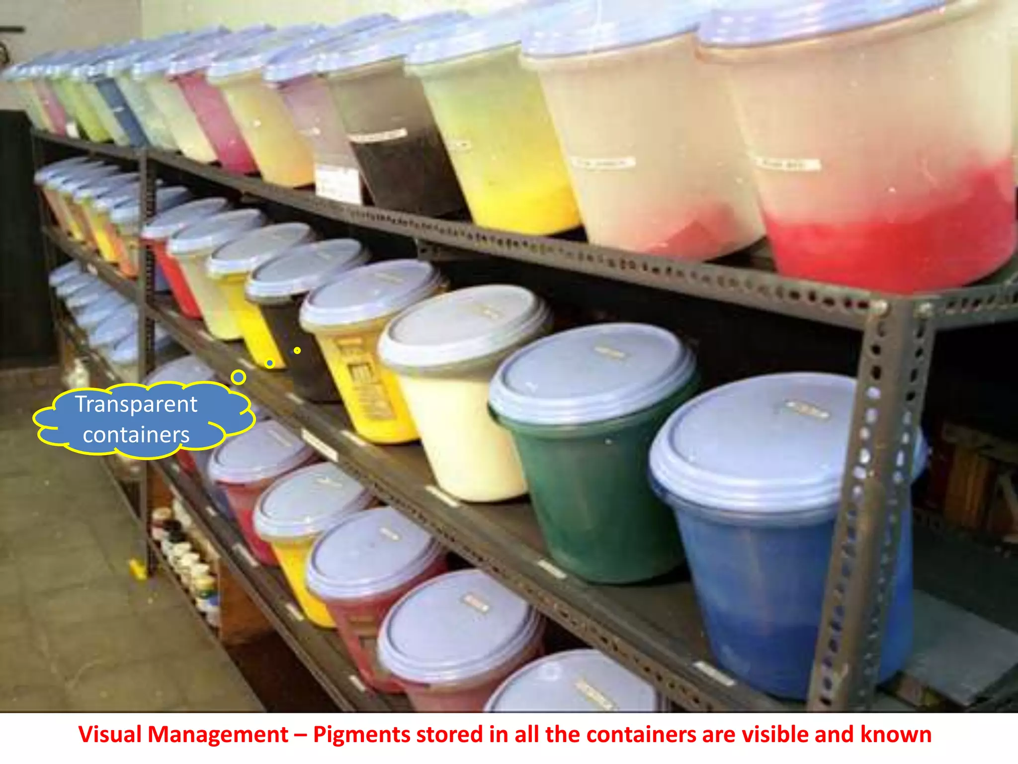 Transparent
 containers




Visual Management – Pigments stored in all the containers are visible and known
 
