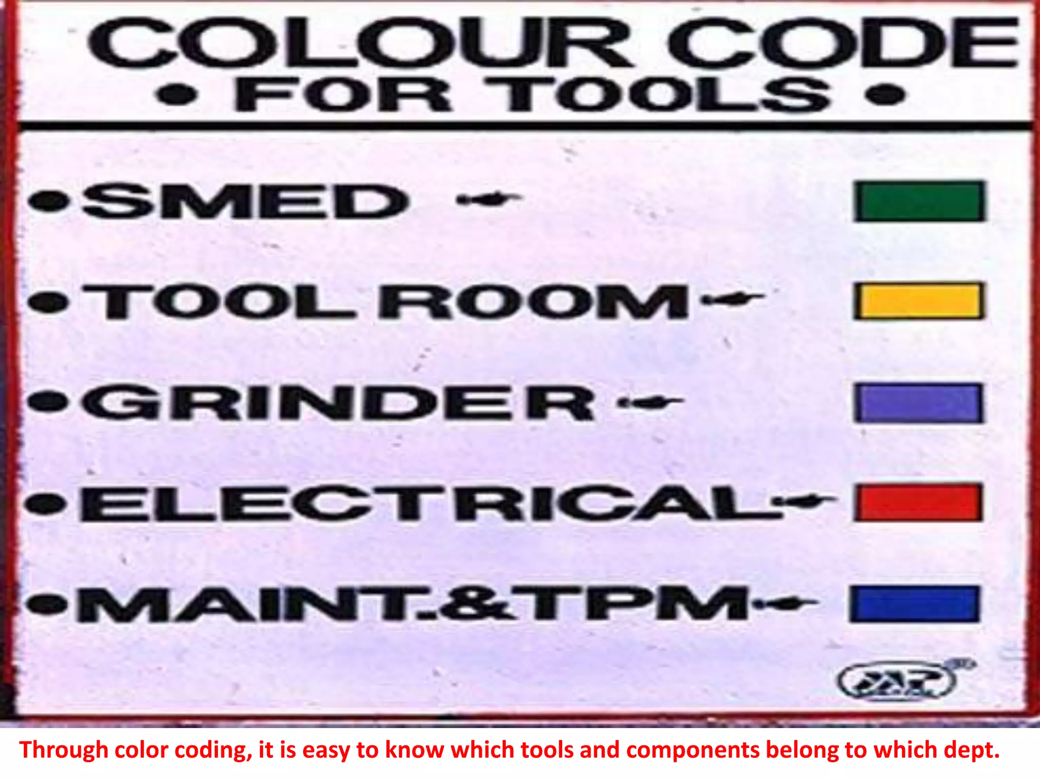 Through color coding, it is easy to know which tools and components belong to which dept.
 