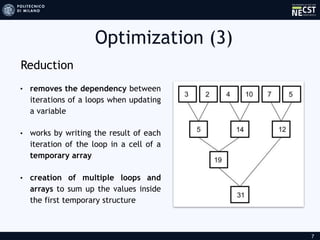 Optimization (3)
7
Reduction
• removes the dependency between
iterations of a loops when updating
a variable
• works by writing the result of each
iteration of the loop in a cell of a
temporary array
• creation of multiple loops and
arrays to sum up the values inside
the first temporary structure