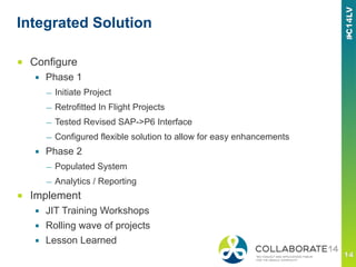 Integrated Solution
■  Configure
▪  Phase 1
—  Initiate Project
—  Retrofitted In Flight Projects
—  Tested Revised SAP->P6 Interface
—  Configured flexible solution to allow for easy enhancements
▪  Phase 2
—  Populated System
—  Analytics / Reporting
■  Implement
▪  JIT Training Workshops
▪  Rolling wave of projects
▪  Lesson Learned
 