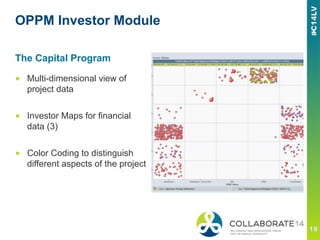 OPPM Investor Module
■  Multi-dimensional view of
project data
■  Investor Maps for financial
data (3)
■  Color Coding to distinguish
different aspects of the project
The Capital Program
 