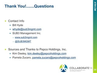 Thank You!.......Questions
■  Contact Info
▪  Bill Hyde
▪  whyde@sub3mgmt.com
▪  SUB3 Management Inc.
—  www.sub3mgmt.com
—  @SUB3MGMT
■  Sources and Thanks to Pepco Holdings, Inc.
▪  Kim Deeley, kim.deeley@pepcoholdings.com
▪  Pamela Zucaro, pamela.zucaro@pepcoholdings.com
 