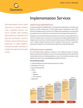 PRODUCT LIFECYCLE MANAGEMENT




                                            Implementation Services
PLM implementation services enable          Implementing a Digital Backbone
organizations to manage enterprise          Increasing competition and globalization is driving product organizations to introduce new
                                            products at market- beating pace. To build quality products, organizations need unified
assets, standardize processes and
                                            systems that integrate various functions such as R&D, product development, manufacturing,
ensure reusability while facilitating       sourcing and accounts, and provide an accurate status to the management at any given time.
process adherence, collaboration and        Backed by an extensive PLM implementation experience, Geometric enables organizations to
long term sustainability. Geometric         shift from a people-centric to a process-centric approach by providing a digital backbone for
                                            integrating various processes. It provides a phased solution approach offering scalability at all
provides an optimum framework to an
                                            levels, including strategy & planning, project management and execution, management,
organization for digital backbone,          planning and strategy, to ensure that the business objectives are addressed effectively.
ensuring that product information is
available at the right time for the right   PLM Implementation capabilities
function.                                   Our PLM implementation experience comprises of over 1000 person-years on Dassault
                                            Systèmes products and over 850 person-years on Siemens PLM Software products. We provide
                                            implementation services to leading organizations across the automotive, aerospace, heavy
                                            engineering, hi-tech, consumer packaged goods and fashion industries.

                                            Our key offerings include:
                                            ! Understanding business model and processes (the ‘as-is’ state)
                                            ! Defining the ‘to-be’ state
                                            ! Design and development
                                            ! Testing
                                              ! System

                                              ! Integration

                                              ! User acceptance
                                                                                                                                                 Deploy
                                            ! Deployment                                                                                     Define cut-off
                                                                                                                             Validate
                                                                                                                                             Migrate data
                                                                                                         Develop           Test use cases,
                                                                                                                           integrations,     Set-up server
                                                                                     Design           Build data model     migration tools   Train users
                                                                                                      Configure system     Performance       Exit current
                                                                 Assess         Design data model
                                                                                                      Develop              and usability     system
                                                                               Develop to-be                               testing
                                                 Plan      Study as-is Process
                                                                               process
                                                                                                      customization                          Deploy
                                                                                                      and integration      User acceptance
                                            Define goals   Gather business
                                                                               Build business                              testing
                                                           data model                                 Build migration
                                            Define                             process procecures
                                                                                                      tools
                                            implementation Gap analysis        Define
                                            scope          Risk analysis       configurations and
                                                           Define integrations customizations
                                                            Migration           Design integrations
                                                            requirements        and migration tools


                                               Define                  Assess                            Realize                             Transfer
 