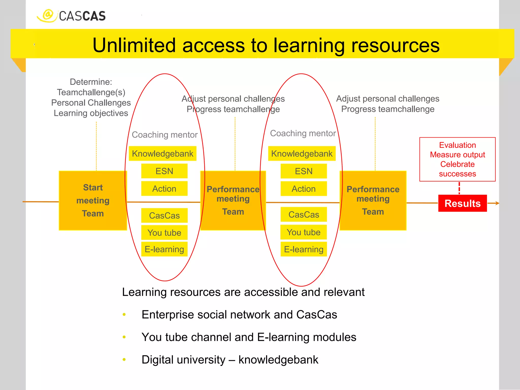Unlimited access to learning resources
Learning resources are accessible and relevant
• Enterprise social network and CasCas
• You tube channel and E-learning modules
• Digital university – knowledgebank
Action Action
Evaluation
Measure output
Celebrate
successes
Results
Adjust personal challenges
Progress teamchallenge
Determine:
Teamchallenge(s)
Personal Challenges
Learning objectives
Start
meeting
Team
Performance
meeting
Team
Performance
meeting
Team
Adjust personal challenges
Progress teamchallenge
Coaching mentor
CasCas CasCas
Coaching mentor
You tube You tube
ESN ESN
E-learning E-learning
Knowledgebank Knowledgebank
 