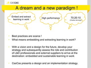 A dream and a new paradigm !
• Best practices are scarce !
• What means embedding and extracting learning in work?
• With a vision and a design for the future, develop your
strategy and subsequently assess the role and contribution
of L&D professionals and external suppliers to arrive at the
destination: embedded and sustainable learning in work
• CasCas presents a design and an implementation strategy.
Embed and extract
learning in work
70:20:10
(Charles Jennings)
High performance
 