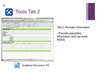 +
Tools Tab 2
Tab 2: Provider Information
- Provider populates
information and can track
MOUs
Guidance Document: P.6
 