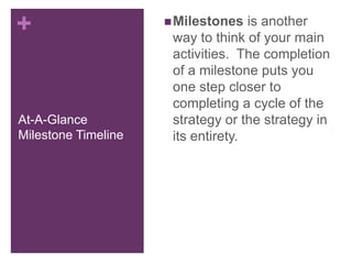 +
At-A-Glance
Milestone Timeline
Milestones is another
way to think of your main
activities. The completion
of a milestone puts you
one step closer to
completing a cycle of the
strategy or the strategy in
its entirety.
 
