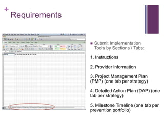 +
Requirements
 Submit Implementation
Tools by Sections / Tabs:
1. Instructions
2. Provider information
3. Project Management Plan
(PMP) (one tab per strategy)
4. Detailed Action Plan (DAP) (one
tab per strategy)
5. Milestone Timeline (one tab per
prevention portfolio)
 