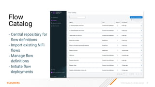 © 2023 Cloudera, Inc. All rights reserved. 28
Flow
Catalog
• Central repository for
ﬂow deﬁnitions
• Import existing NiFi
ﬂows
• Manage ﬂow
deﬁnitions
• Initiate ﬂow
deployments
 