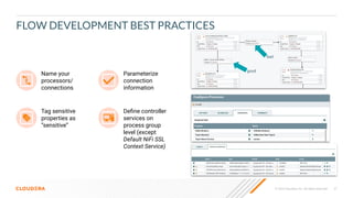 37
© 2023 Cloudera, Inc. All rights reserved.
FLOW DEVELOPMENT BEST PRACTICES
good
bad
Name your
processors/
connections
Parameterize
connection
information
Tag sensitive
properties as
“sensitive”
Deﬁne controller
services on
process group
level (except
Default NiFi SSL
Context Service)
 