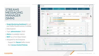 50
© 2022 Cloudera, Inc. All rights reserved.
STREAMS
MESSAGING
MANAGER
(SMM)
● Single Monitoring Dashboard for all
your Kafka Clusters across 4 entities
● Data Explorer
● Topic administration: CRUD
● Alerts on available metrics
● REST as a First Class Citizen
● Designed for the Enterprise
○ Support for Secure Kafka cluster
○ Rich Access Control Policies
 