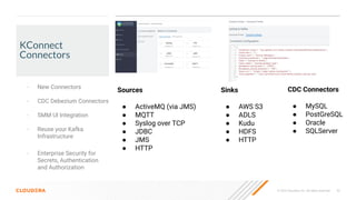 52
© 2022 Cloudera, Inc. All rights reserved.
KConnect
Connectors
• New Connectors
• CDC Debezium Connectors
• SMM UI Integration
• Reuse your Kafka
Infrastructure
• Enterprise Security for
Secrets, Authentication
and Authorization
Sources
● ActiveMQ (via JMS)
● MQTT
● Syslog over TCP
● JDBC
● JMS
● HTTP
Sinks
● AWS S3
● ADLS
● Kudu
● HDFS
● HTTP
CDC Connectors
● MySQL
● PostGreSQL
● Oracle
● SQLServer
 