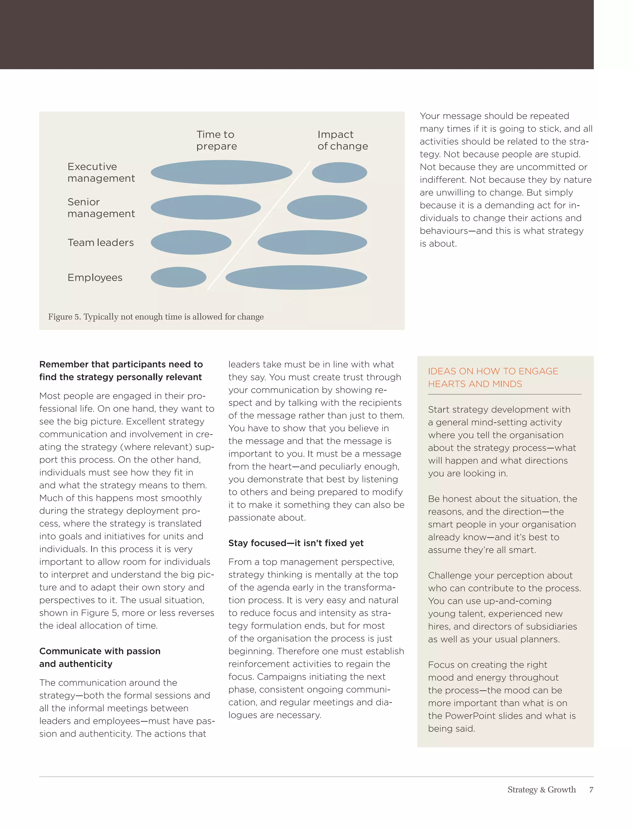 your message should be repeated
                                                                                             many times if it is going to stick, and all
                                         time to                     impact
                                                                                             activities should be related to the stra-
                                         prepare                     of change
                                                                                             tegy. Not because people are stupid.
       executive                                                                             Not because they are uncommitted or
       management                                                                            indifferent. Not because they by nature
                                                                                             are unwilling to change. But simply
       senior                                                                                because it is a demanding act for in-
       management                                                                            dividuals to change their actions and
                                                                                             behaviours—and this is what strategy
       team leaders                                                                          is about.


       employees


  Figure 5. Typically not enough time is allowed for change




Remember that participants need to               leaders take must be in line with what
                                                                                               IDeaS oN how to eNgage
find the strategy personally relevant            they say. you must create trust through
                                                                                               heartS aND MINDS
                                                 your communication by showing re-
Most people are engaged in their pro-
                                                 spect and by talking with the recipients
fessional life. on one hand, they want to                                                      Start strategy development with
                                                 of the message rather than just to them.
see the big picture. excellent strategy                                                        a general mind-setting activity
                                                 you have to show that you believe in
communication and involvement in cre-                                                          where you tell the organisation
                                                 the message and that the message is
ating the strategy (where relevant) sup-                                                       about the strategy process—what
                                                 important to you. It must be a message
port this process. on the other hand,                                                          will happen and what directions
                                                 from the heart—and peculiarly enough,
individuals must see how they fit in                                                           you are looking in.
                                                 you demonstrate that best by listening
and what the strategy means to them.
                                                 to others and being prepared to modify
Much of this happens most smoothly                                                             Be honest about the situation, the
                                                 it to make it something they can also be
during the strategy deployment pro-                                                            reasons, and the direction—the
                                                 passionate about.
cess, where the strategy is translated                                                         smart people in your organisation
into goals and initiatives for units and                                                       already know—and it’s best to
                                                 Stay focused—it isn’t fixed yet
individuals. In this process it is very                                                        assume they’re all smart.
important to allow room for individuals          From a top management perspective,
to interpret and understand the big pic-         strategy thinking is mentally at the top      Challenge your perception about
ture and to adapt their own story and            of the agenda early in the transforma-        who can contribute to the process.
perspectives to it. the usual situation,         tion process. It is very easy and natural     you can use up-and-coming
shown in Figure 5, more or less reverses         to reduce focus and intensity as stra-        young talent, experienced new
the ideal allocation of time.                    tegy formulation ends, but for most           hires, and directors of subsidiaries
                                                 of the organisation the process is just       as well as your usual planners.
Communicate with passion                         beginning. therefore one must establish
and authenticity                                 reinforcement activities to regain the        Focus on creating the right
                                                 focus. Campaigns initiating the next          mood and energy throughout
the communication around the
                                                 phase, consistent ongoing communi-            the process—the mood can be
strategy—both the formal sessions and
                                                 cation, and regular meetings and dia-         more important than what is on
all the informal meetings between
                                                 logues are necessary.                         the PowerPoint slides and what is
leaders and employees—must have pas-
                                                                                               being said.
sion and authenticity. the actions that




                                                                                                                  Strategy & Growth    7
 