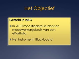 Het ObjectiefGesteld in 2005In 2010 maaktiedere student en medewerkergebruik van een ePortfolio.Het instrument: Blackboard