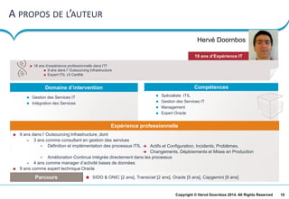 10Copyright © Hervé Doornbos 2014. All Rights Reserved
A PROPOS DE L’AUTEUR
 18 ans d’expérience professionnelle dans l’IT
 9 ans dans l’ Outsourcing Infrastructure
 Expert ITIL v3 Certifié
Domaine d’intervention Compétences
18 ans d’Expérience IT
 9 ans dans l’ Outsourcing Infrastructure, dont
 3 ans comme consultant en gestion des services
 Définition et implémentation des processus ITIL
 Amélioration Continue intégrée directement dans les processus
 4 ans comme manager d’activité bases de données
 9 ans comme expert technique Oracle
Expérience professionnelle
Parcours  SIDO & ONIC [2 ans], Transiciel [2 ans], Oracle [5 ans], Capgemini [9 ans]
 Spécialiste ITIL
 Gestion des Services IT
 Management
 Expert Oracle
 Gestion des Services IT
 Intégration des Services
 Actifs et Configuration, Incidents, Problèmes,
 Changements, Déploiements et Mises en Production
Hervé Doornbos
 