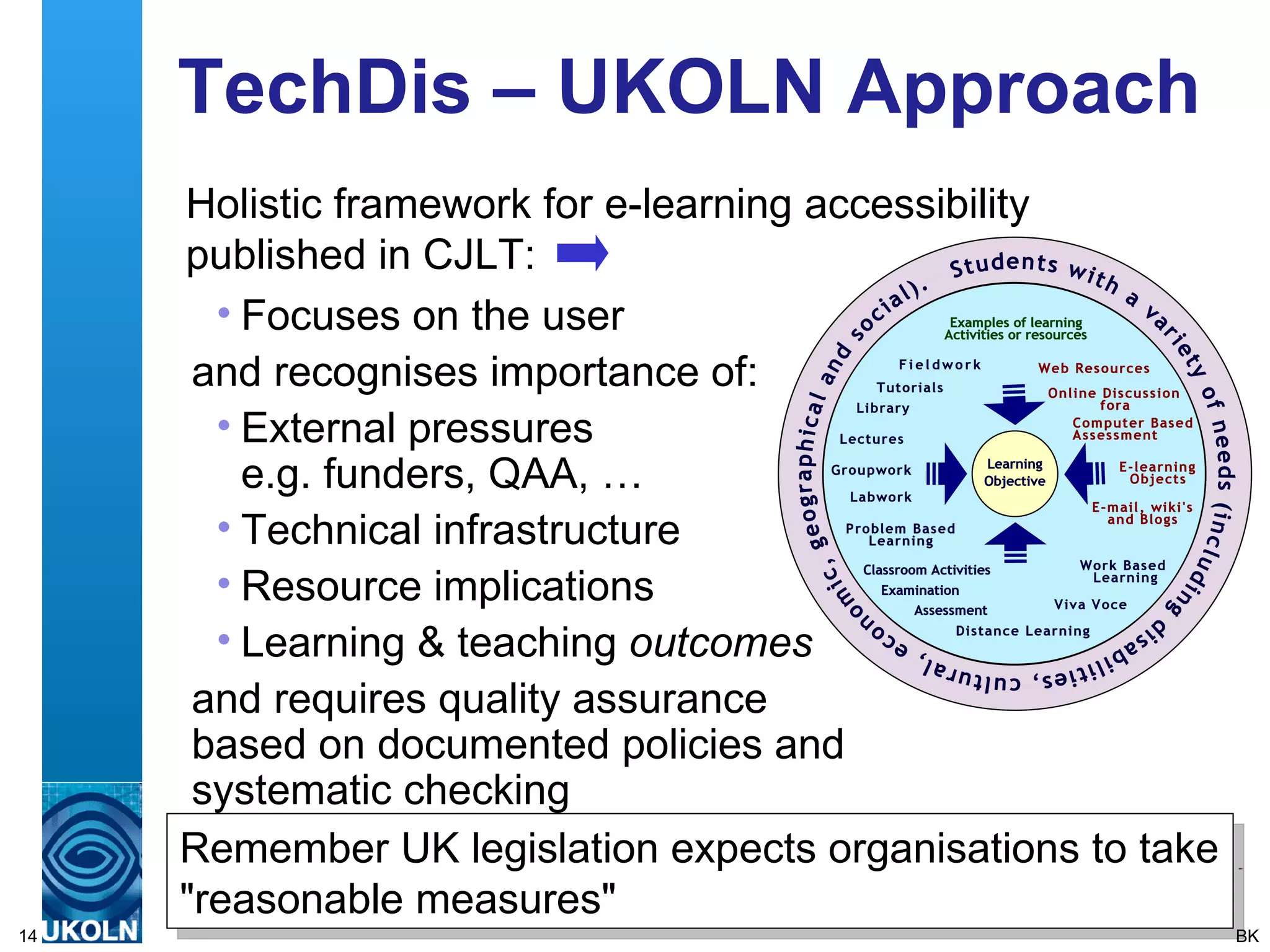 TechDis – UKOLN Approach Focuses on the user and recognises importance of: External pressures  e.g. funders, QAA, … Technical infrastructure  Resource implications Learning & teaching  outcomes and requires quality assurance  based on documented policies and  systematic checking  Remember UK legislation expects organisations to take &quot;reasonable measures&quot; BK Holistic framework for e-learning accessibility published in CJLT: Users Needs 