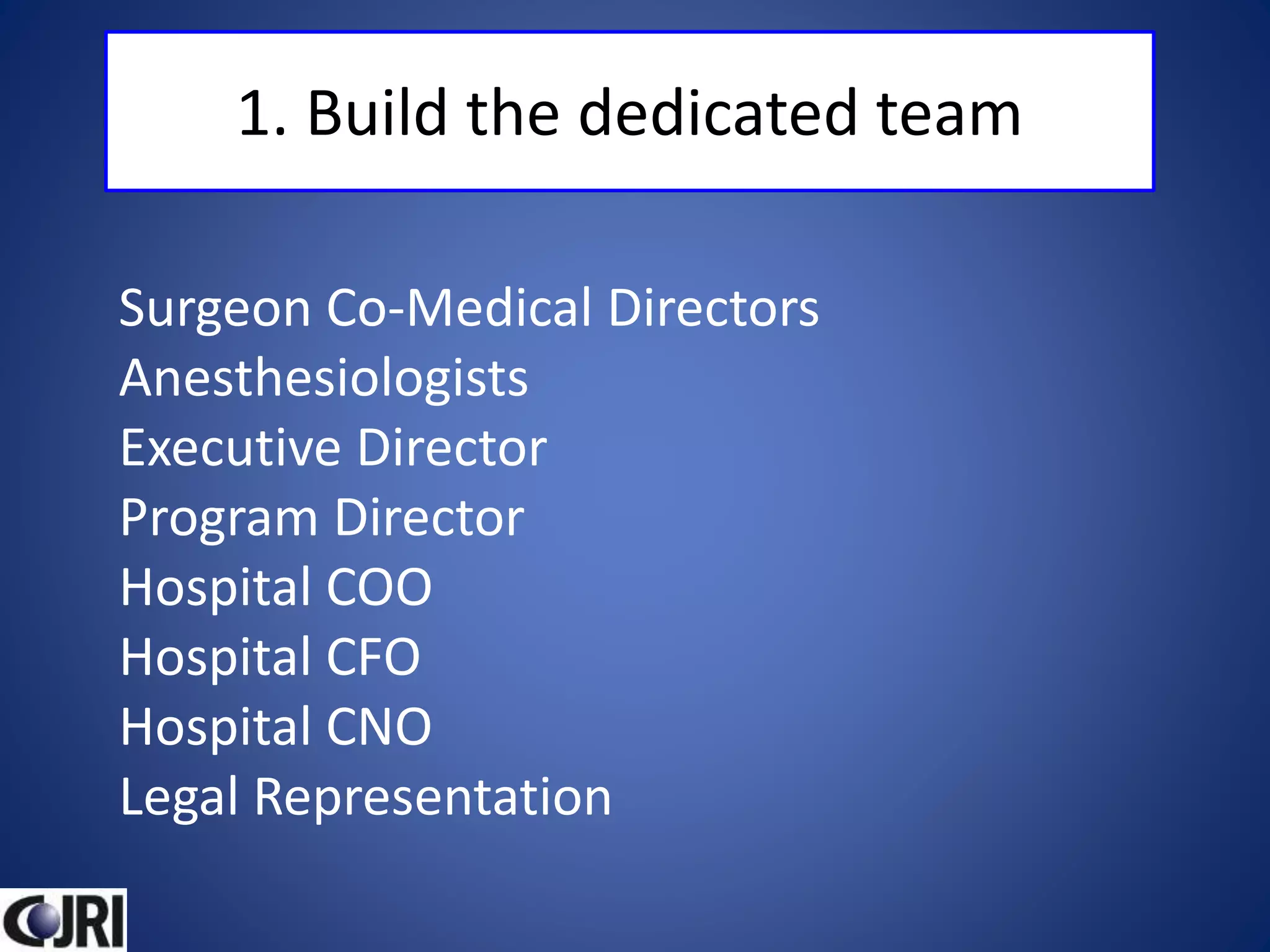 1. Build the dedicated team
Surgeon Co-Medical Directors
Anesthesiologists
Executive Director
Program Director
Hospital COO
Hospital CFO
Hospital CNO
Legal Representation
 