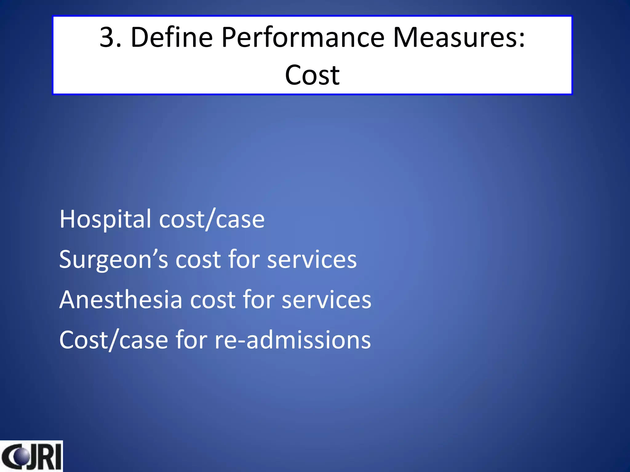 3. Define Performance Measures:
Cost
Hospital cost/case
Surgeon’s cost for services
Anesthesia cost for services
Cost/case for re-admissions
 