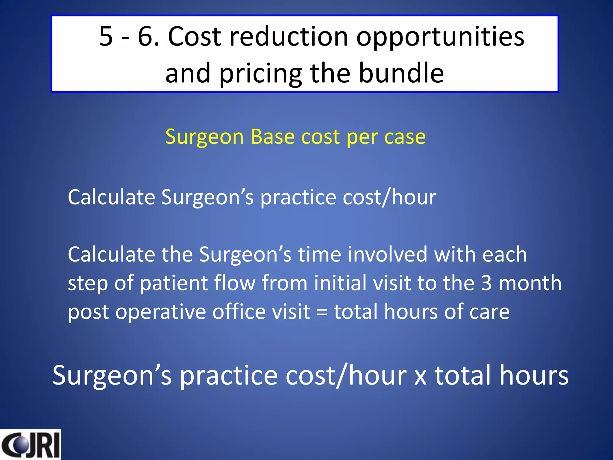 5 - 6. Cost reduction opportunities
and pricing the bundle
Surgeon Base cost per case
Calculate Surgeon’s practice cost/hour
Calculate the Surgeon’s time involved with each
step of patient flow from initial visit to the 3 month
post operative office visit = total hours of care
Surgeon’s practice cost/hour x total hours
 