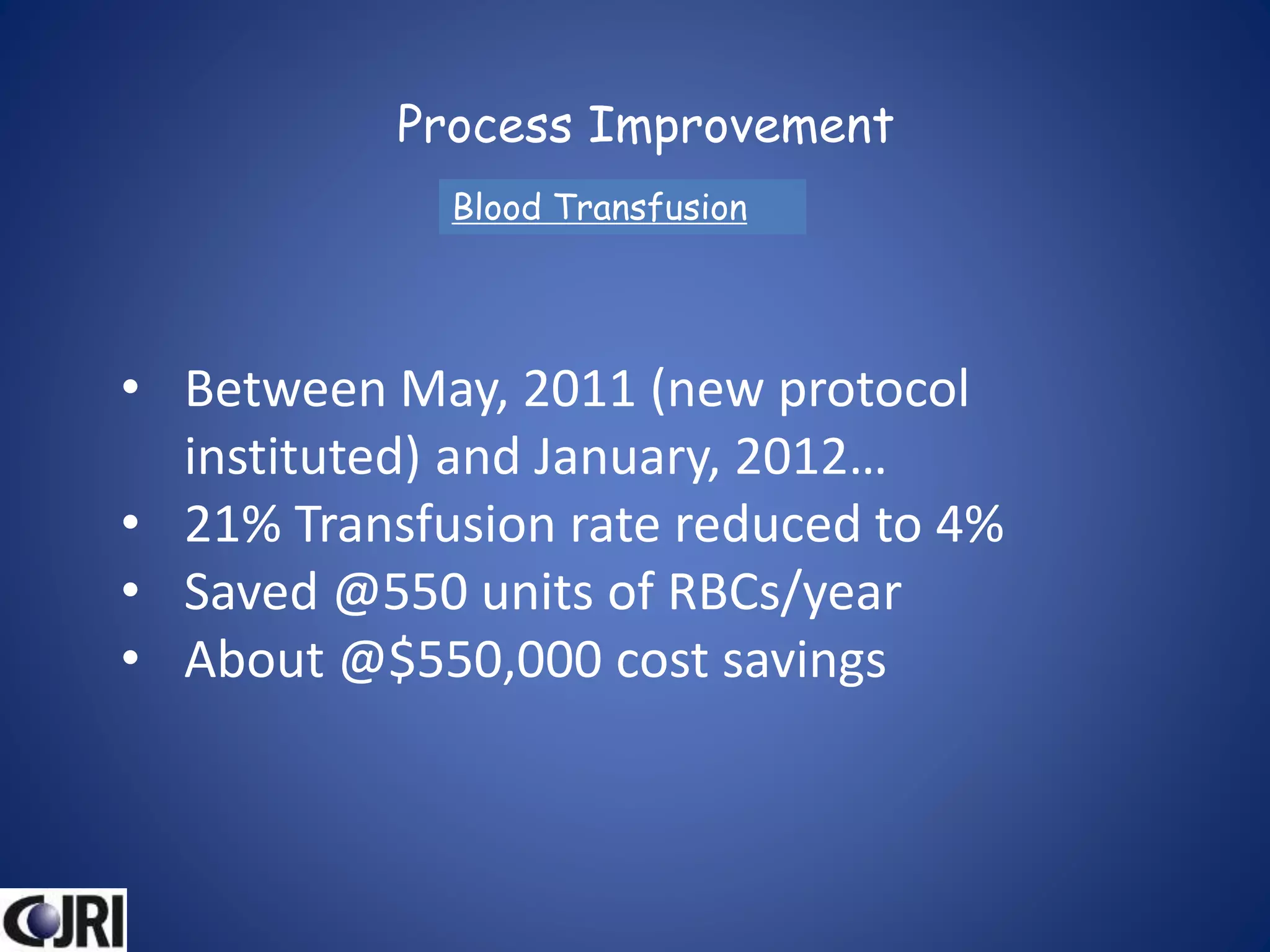 Process Improvement
Blood Transfusion
• Between May, 2011 (new protocol
instituted) and January, 2012…
• 21% Transfusion rate reduced to 4%
• Saved @550 units of RBCs/year
• About @$550,000 cost savings
 