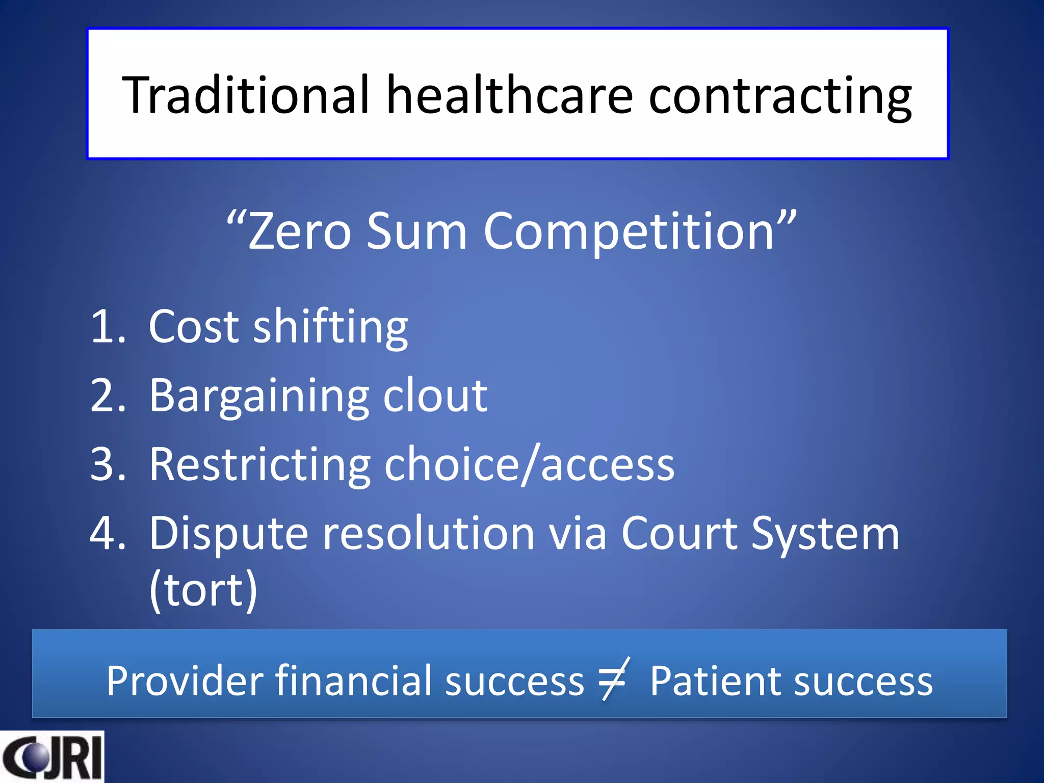Traditional healthcare contracting
1. Cost shifting
2. Bargaining clout
3. Restricting choice/access
4. Dispute resolution via Court System
(tort)
“Zero Sum Competition”
Provider financial success = Patient success
 