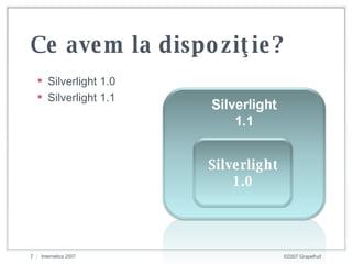 Ce avem la dispo ziţie ? <ul><ul><li>Silverlight 1.0 </li></ul></ul><ul><ul><li>Silverlight 1.1 </li></ul></ul>Silverlight...