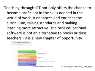 ‘ Teaching through ICT not only offers the chance to become proficient in the skills needed in the world of work. It enhances and enriches the curriculum, raising standards and making learning more attractive. The best educational software is not an alternative to books or class teachers - it is a new chapter of opportunity.  The national grid for learning,  DfEE, 1997 