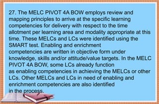 27. The MELC PIVOT 4A BOW employs review and
mapping principles to arrive at the specific learning
competencies for delivery with respect to the time
allotment per learning area and modality appropriate at this
time. These MELCs and LCs were identified using the
SMART test. Enabling and enrichment
competencies are written in objective form under
knowledge, skills and/or attitude/value targets. In the MELC
PIVOT 4A BOW, some LCs already function
as enabling competencies in achieving the MELCs or other
LCs. Other MELCs and LCs in need of enabling and
enrichment competencies are also identified
in the process.
 