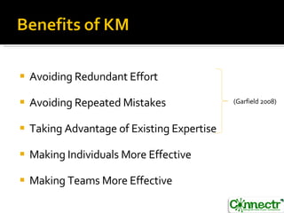 Avoiding Redundant Effort Avoiding Repeated Mistakes Taking Advantage of Existing Expertise Making Individuals More Effective Making Teams More Effective (Garfield 2008) 