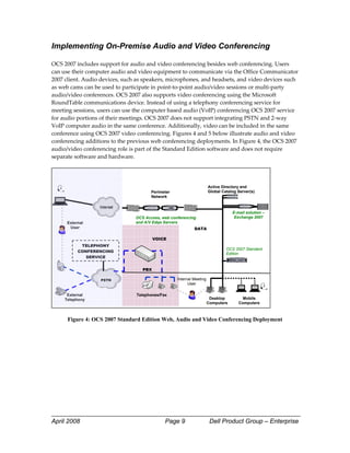 Implementing On-Premise Audio and Video Conferencing
 
OCS 2007 includes support for audio and video conferencing besides web conferencing. Users 
can use their computer audio and video equipment to communicate via the Office Communicator 
2007 client. Audio devices, such as speakers, microphones, and headsets, and video devices such 
as web cams can be used to participate in point‐to‐point audio/video sessions or multi‐party 
audio/video conferences. OCS 2007 also supports video conferencing using the Microsoft 
RoundTable communications device. Instead of using a telephony conferencing service for 
meeting sessions, users can use the computer based audio (VoIP) conferencing OCS 2007 service 
for audio portions of their meetings. OCS 2007 does not support integrating PSTN and 2‐way 
VoIP computer audio in the same conference. Additionally, video can be included in the same 
conference using OCS 2007 video conferencing. Figures 4 and 5 below illustrate audio and video 
conferencing additions to the previous web conferencing deployments. In Figure 4, the OCS 2007 
audio/video conferencing role is part of the Standard Edition software and does not require 
separate software and hardware. 
 


                                                                      Active Directory and
                                       Perimeter                      Global Catalog Server(s)
                                       Network


                                                                                  E-mail solution –
                                OCS Access, web conferencing                       Exchange 2007
      External                  and A/V Edge Servers
       User                                                 DATA

                                         VOICE
            TELEPHONY
                                                                               OCS 2007 Standard
           CONFERENCING
                                                                               Edition
              SERVICE


                                   PBX

                   PSTN                            Internal Meeting
                                                         User

      External                  Telephones/Fax
     Telephony                                                         Desktop         Mobile
                                                                      Computers      Computers
                                                                                                       
 
      Figure 4: OCS 2007 Standard Edition Web, Audio and Video Conferencing Deployment




April 2008                                   Page 9                    Dell Product Group – Enterprise
 
