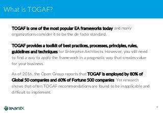 What is TOGAF?
4
TOGAF is one of the most popular EA frameworks today and many
organizations consider it to be the de facto standard.
TOGAF provides a toolkit of best practices, processes, principles, rules,
guidelines and techniques for Enterprise Architects. However, you still need
to find a way to apply the framework in a pragmatic way that creates value
for your business.
As of 2016, the Open Group reports that TOGAF is employed by 80% of
Global 50 companies and 60% of Fortune 500 companies. Yet research
shows that often TOGAF recommendations are found to be inapplicable and
difficult to implement.
 
