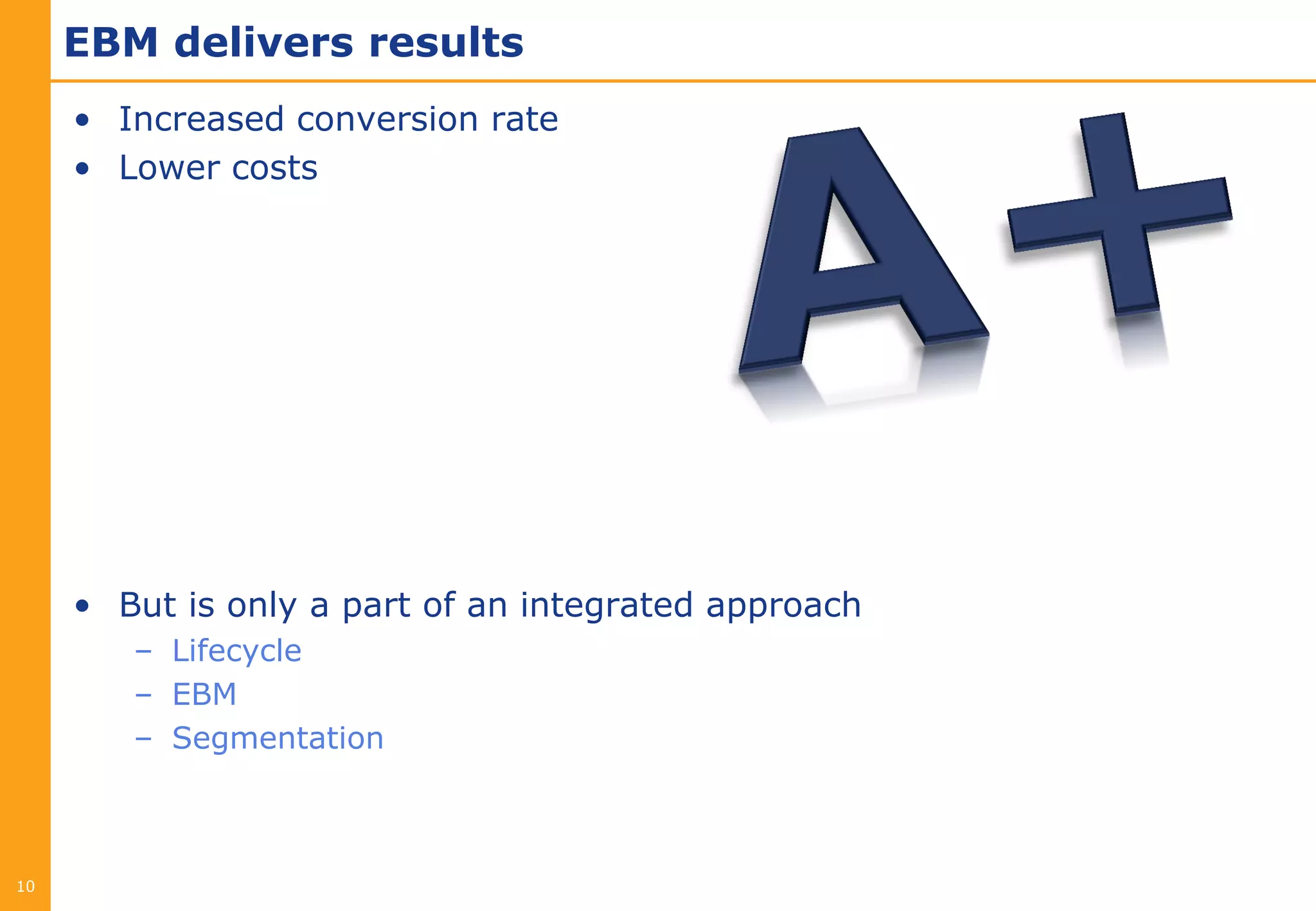 EBM delivers results
     • Increased conversion rate
     • Lower costs




     • But is only a part of an integrated approach
        – Lifecycle
        – EBM
        – Segmentation



10
 