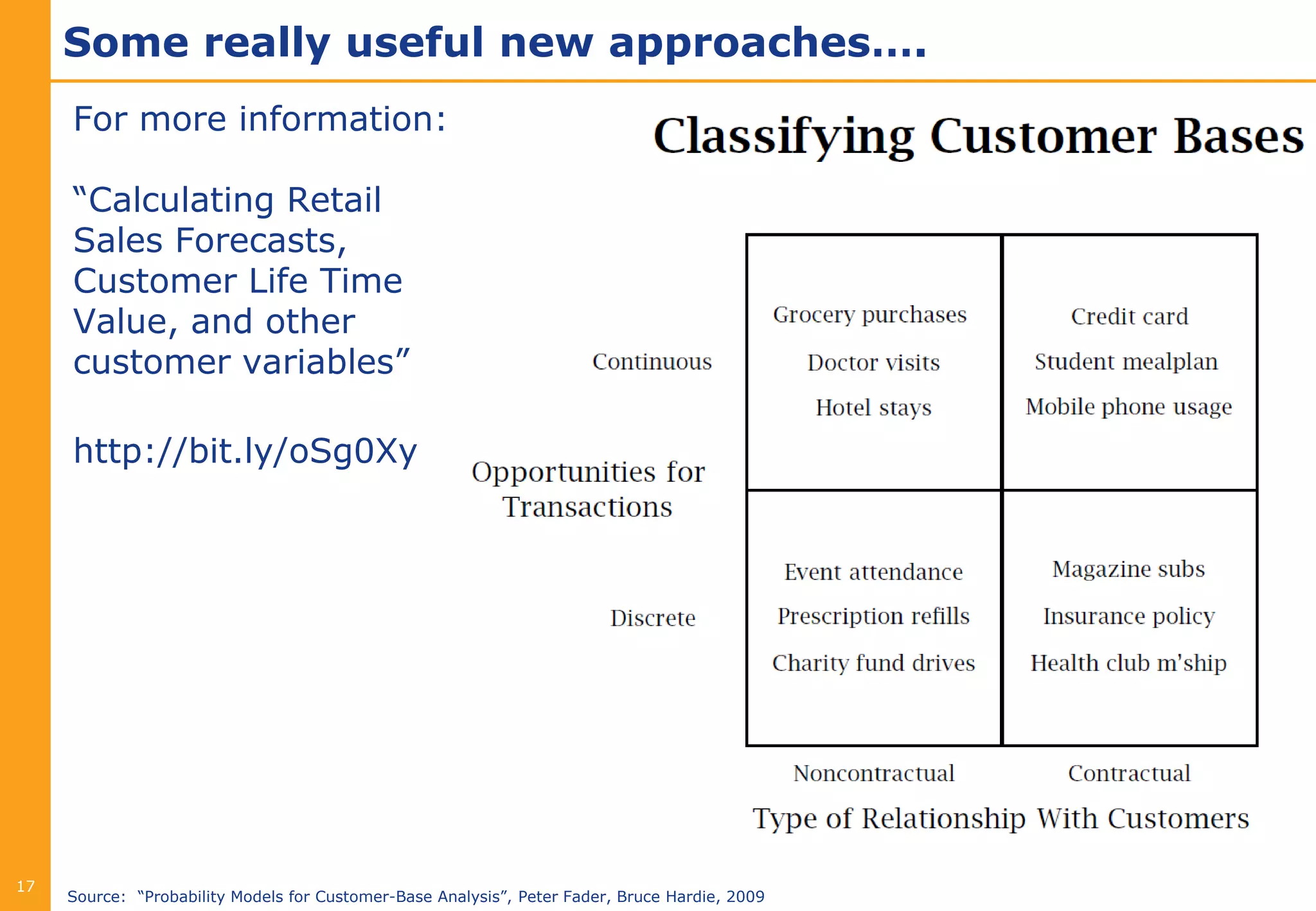 Some really useful new approaches….
     For more information:

     “Calculating Retail
     Sales Forecasts,
     Customer Life Time
     Value, and other
     customer variables”

     http://bit.ly/oSg0Xy




17
     Source: “Probability Models for Customer-Base Analysis”, Peter Fader, Bruce Hardie, 2009
 