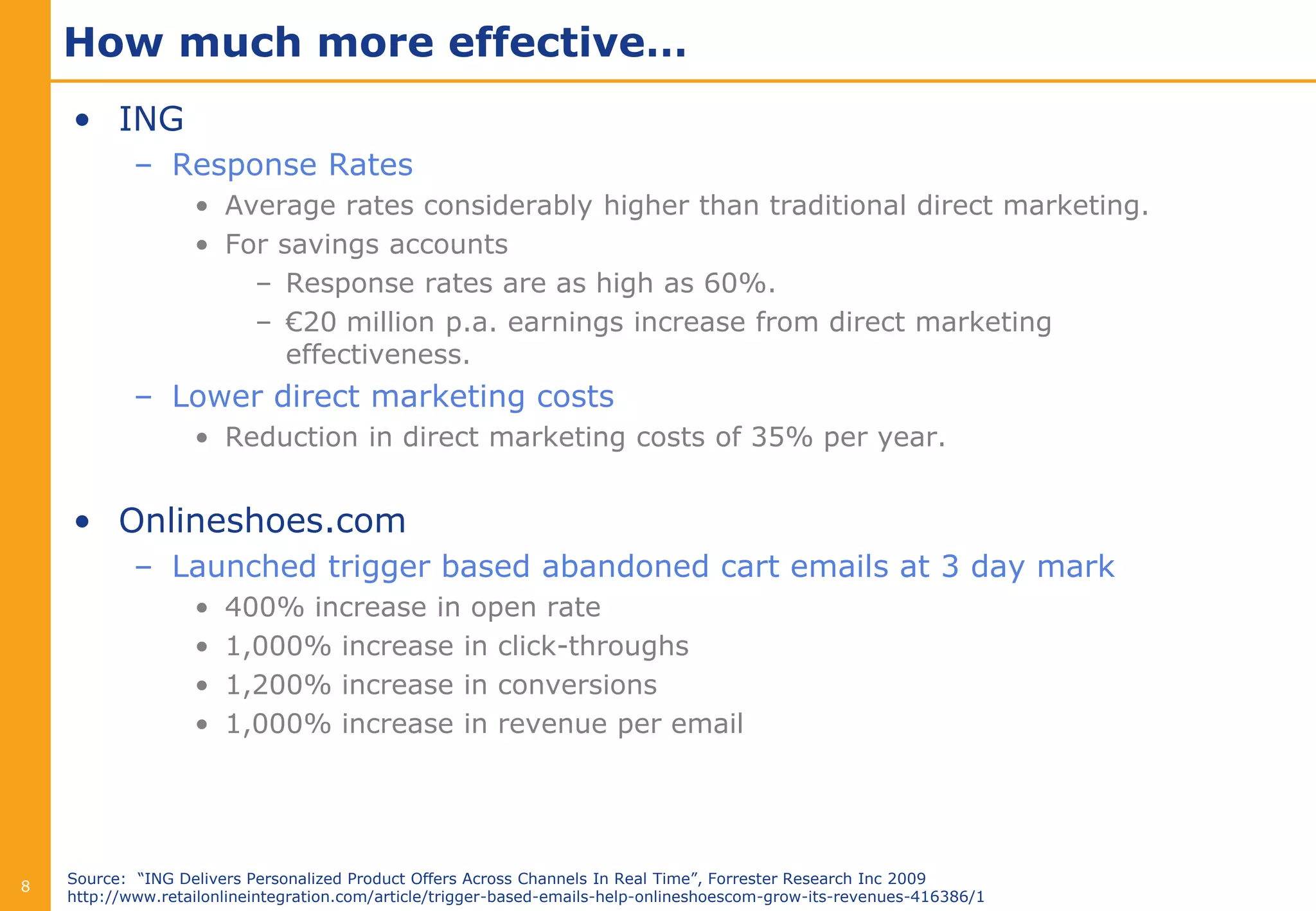 How much more effective…
    • ING
            – Response Rates
                   • Average rates considerably higher than traditional direct marketing.
                   • For savings accounts
                       – Response rates are as high as 60%.
                       – €20 million p.a. earnings increase from direct marketing
                          effectiveness.
            – Lower direct marketing costs
                   • Reduction in direct marketing costs of 35% per year.


    • Onlineshoes.com
            – Launched trigger based abandoned cart emails at 3 day mark
                   •   400% increase in open rate
                   •   1,000% increase in click-throughs
                   •   1,200% increase in conversions
                   •   1,000% increase in revenue per email




    Source: “ING Delivers Personalized Product Offers Across Channels In Real Time”, Forrester Research Inc 2009
8
    http://www.retailonlineintegration.com/article/trigger-based-emails-help-onlineshoescom-grow-its-revenues-416386/1
 