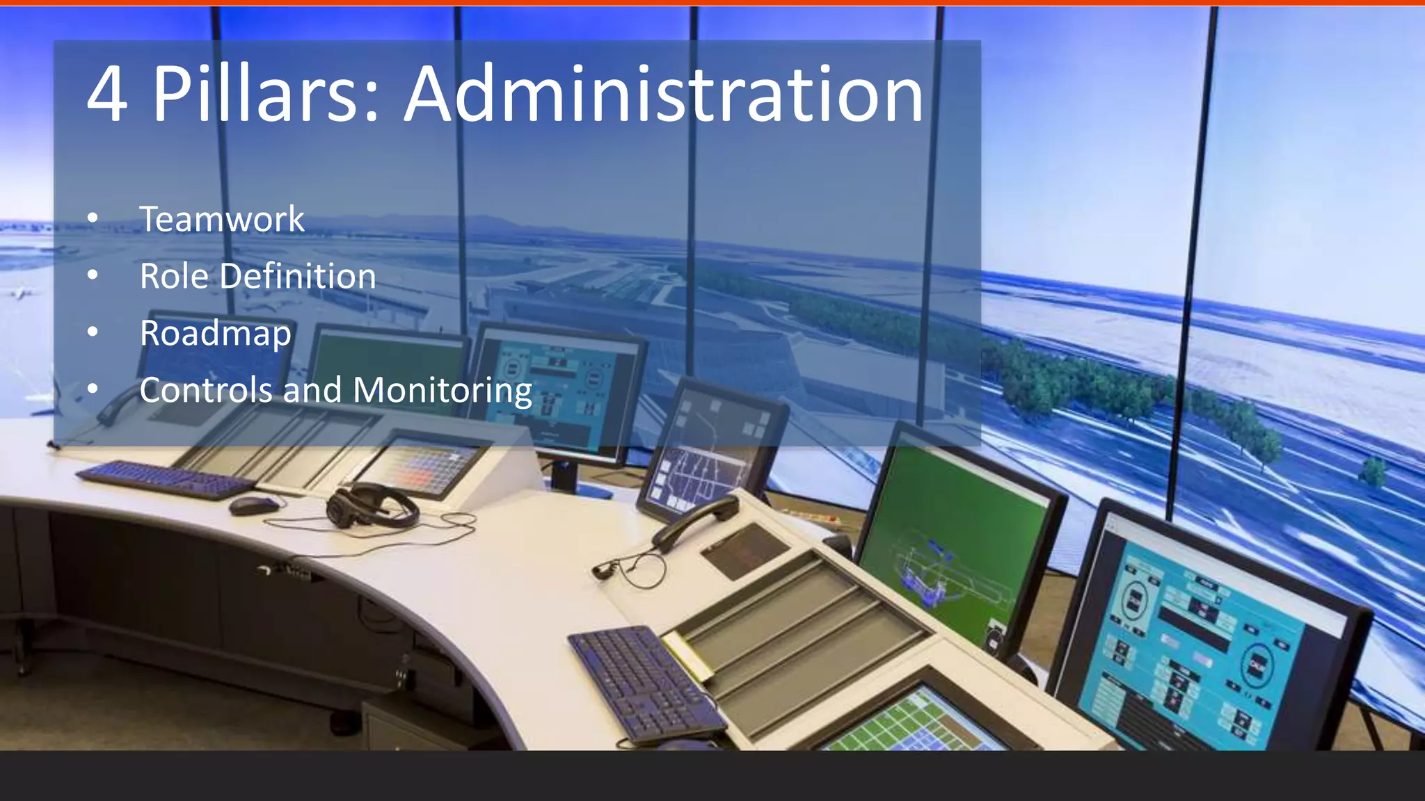 4 Pillars: Administration
• Teamwork
• Role Definition
• Roadmap
• Controls and Monitoring
 