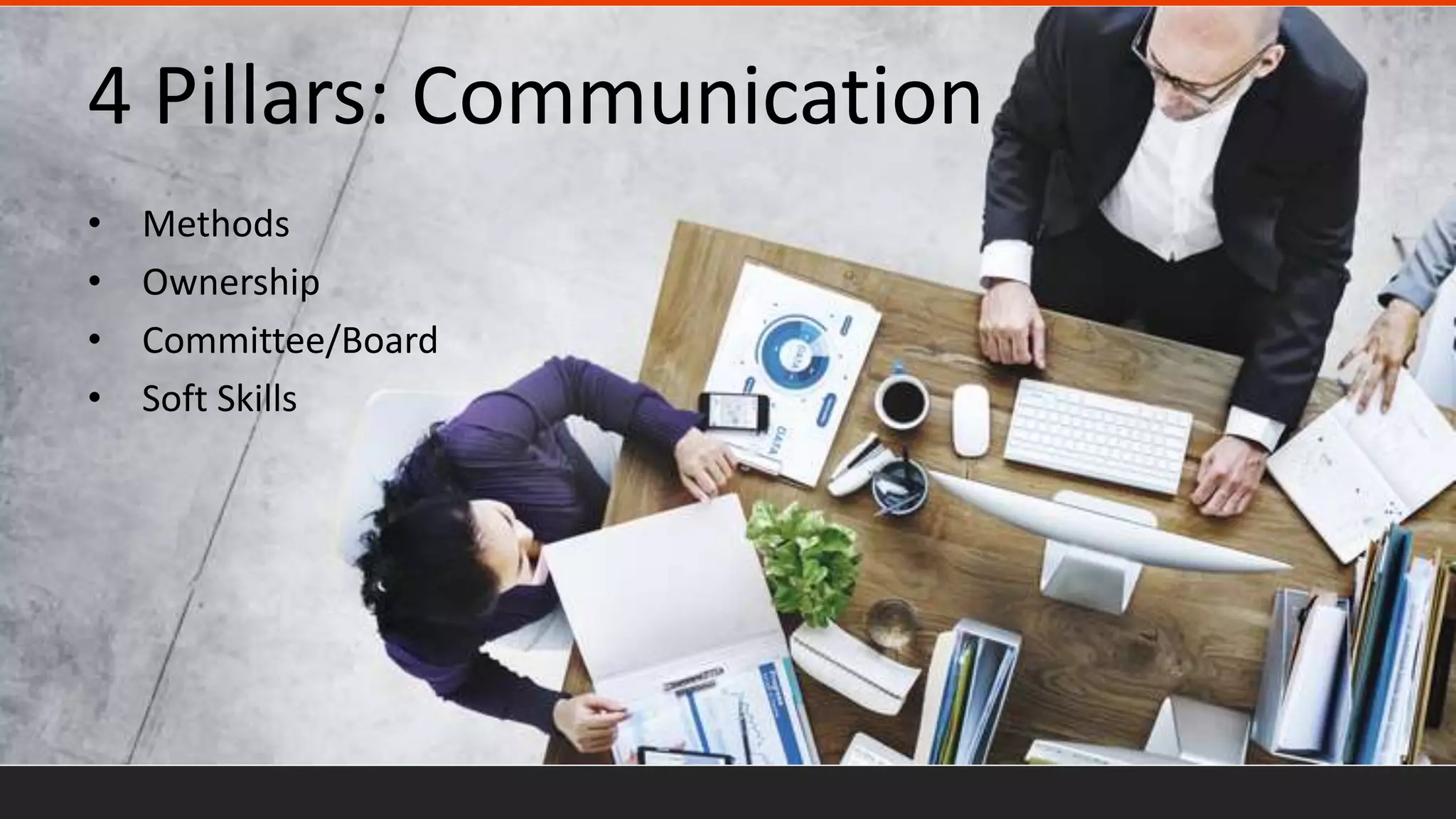 4 Pillars: Communication
• Methods
• Ownership
• Committee/Board
• Soft Skills
 