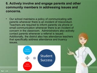 6. Actively involve and engage parents and other
community members in addressing issues and
concerns.
• Our school maintains a policy of communicating with
parents whenever there is an incident of misconduct.
Teachers are required to inform parents via phone or
email communication whenever there is an incident of
concern in the classroom. Administrators also actively
contact parents whenever a referral is issued.
Additionally, the district also has attendance teachers
that specifically address attendance and truancy
issues.
 
