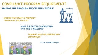 COMPLIANCE PROGRAM REQUIREMENTS
MAKING THE PROGRAM SUCCESSFUL: PEOPLE
ENSURE THAT STAFF IS PROPERLY
TRAINED ON THE POLICIES
MAKE SURE PEOPLE UNDERSTAND
WHY THIS IS NECESSARY
TRAINING MUST BE PERIODIC AND
CONTINUOUS
IT’S A TEAM EFFORT
 
